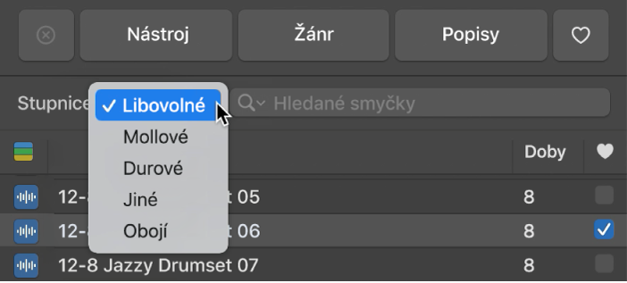 Obrázek otevřené místní nabídky Stupnice v Prohlížeči smyček.