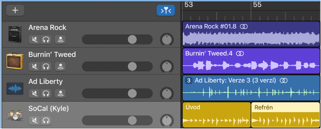 Oblast stop s různými typy regionů a stop.