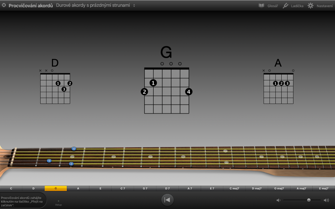 Akordový trenažér se zobrazenými akordy k procvičování