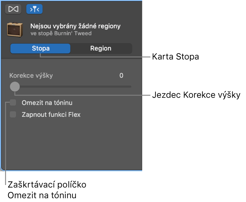 Inspektor Editor zvuku v režimu Stopa se zobrazeným jezdcem Korekce výšky a zaškrtávacím políčkem Omezit na tóninu