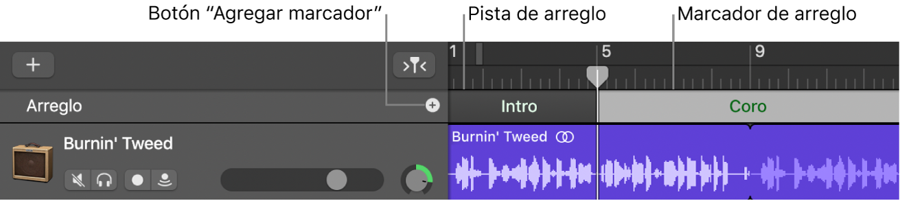 Pista de arreglo con el botón Agregar marcador y el pasaje de arreglos.