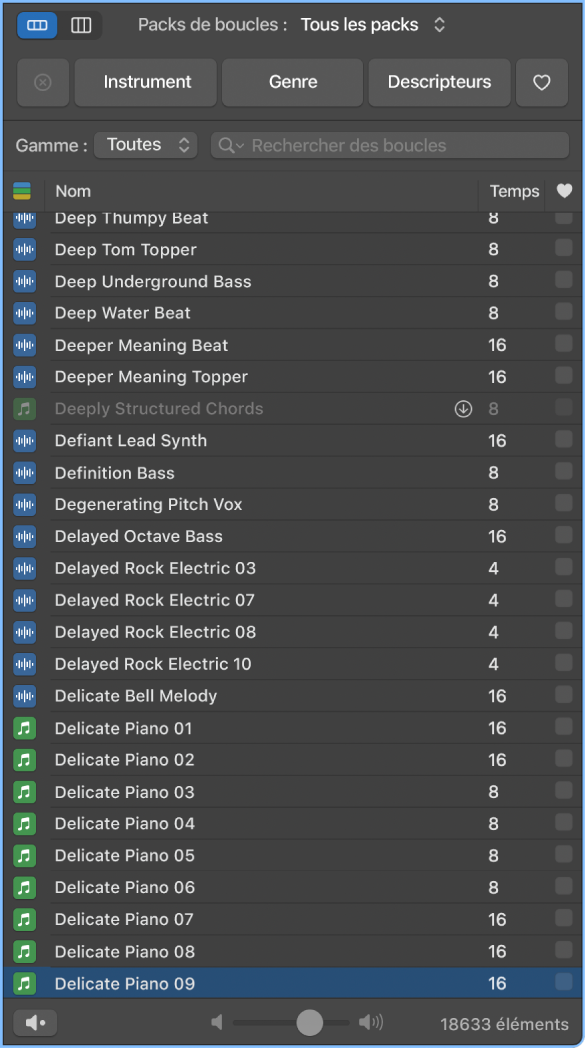 Affichage du navigateur de boucles.