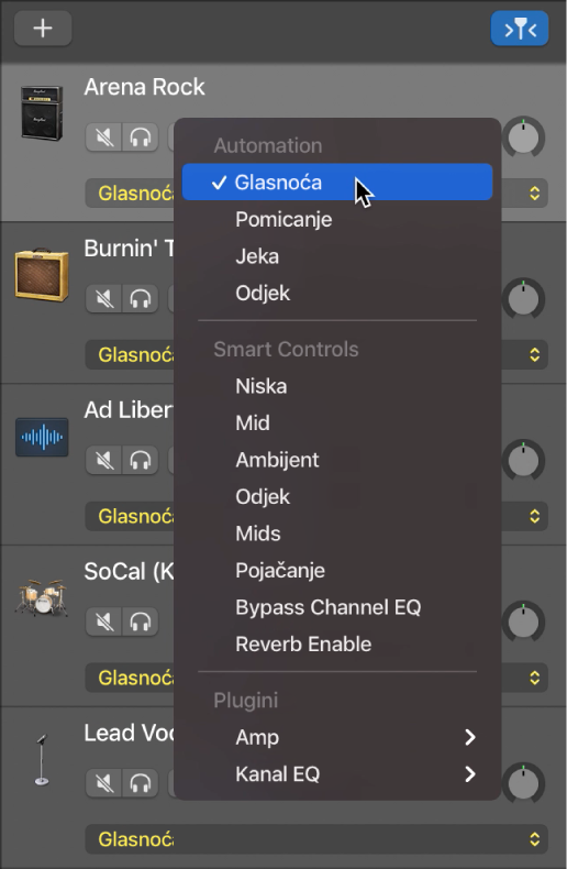 Prikaz otvorenog skočnog izbornika Parametar automacije.