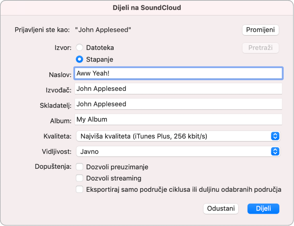 Dijaloški okvir Dijeli na SoundCloud.