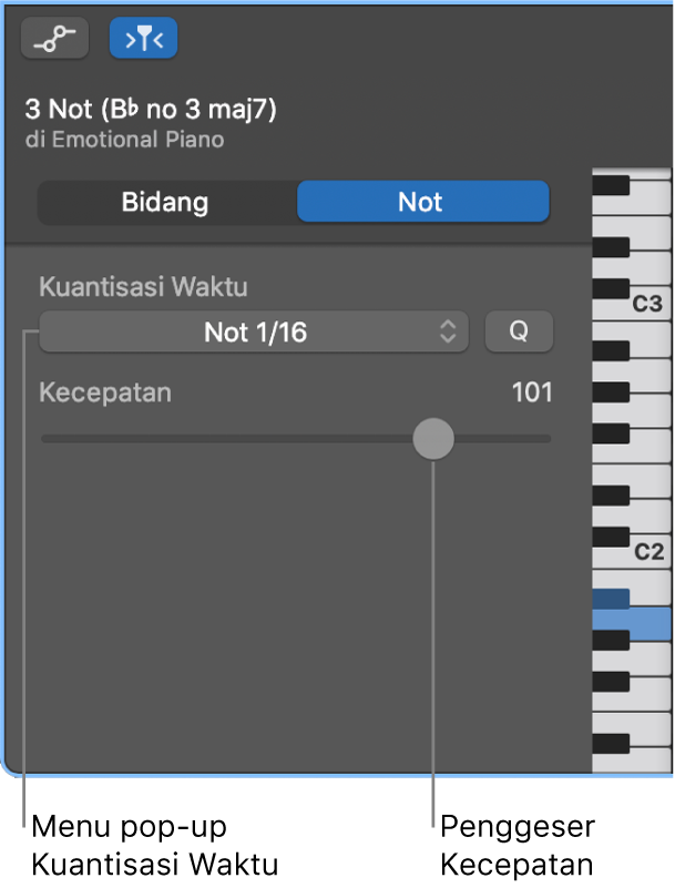 Inspektur Editor Rol Piano dalam mode Not, yang menampilkan kontrol.