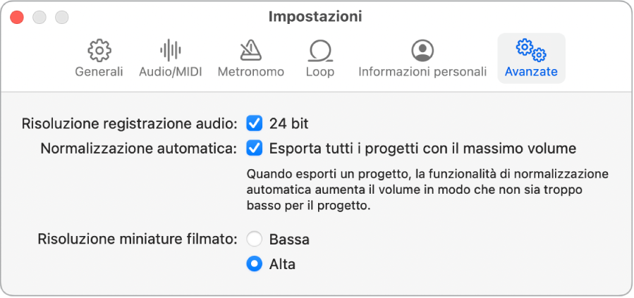 Pannello delle impostazioni Avanzate.