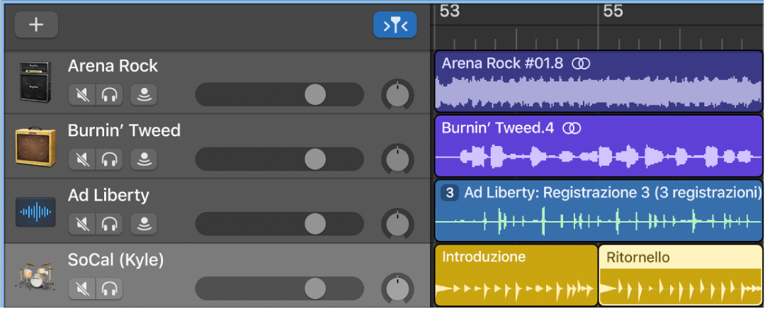 Area Tracce con regioni e tipi di tracce diversi.