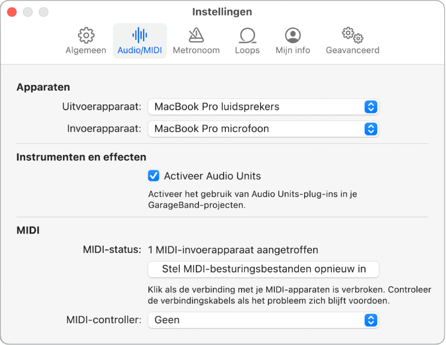 Instellingenpaneel 'Audio/MIDI'.