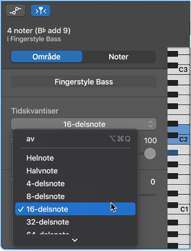 Valg av en verdi fra Tidskvantiser-lokalmenyen i Pianorullredigerer-inspektør.