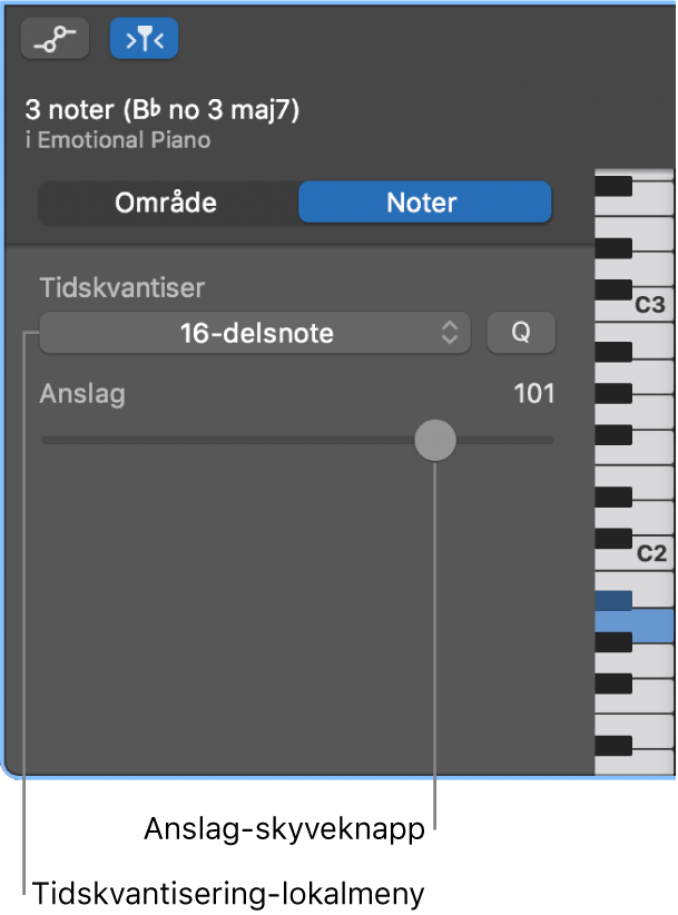 Pianorullredigerer-inspektør i Noter-modus, med kontroller.
