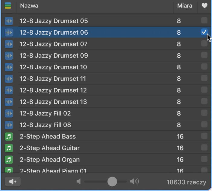 Pole wyboru Ulubione w przeglądarce pętli.
