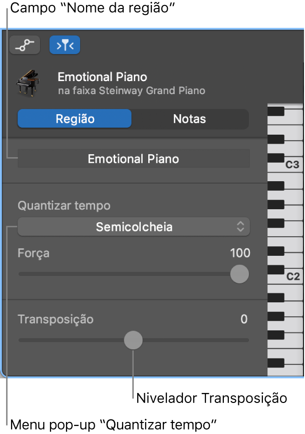 Inspetor do editor de rolo de piano no modo Região, a ilustrar os controlos.