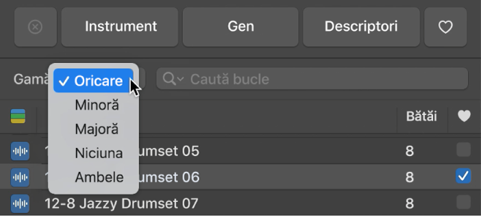 Afișarea meniului pop-up Scară deschis, în Browserul de bucle.