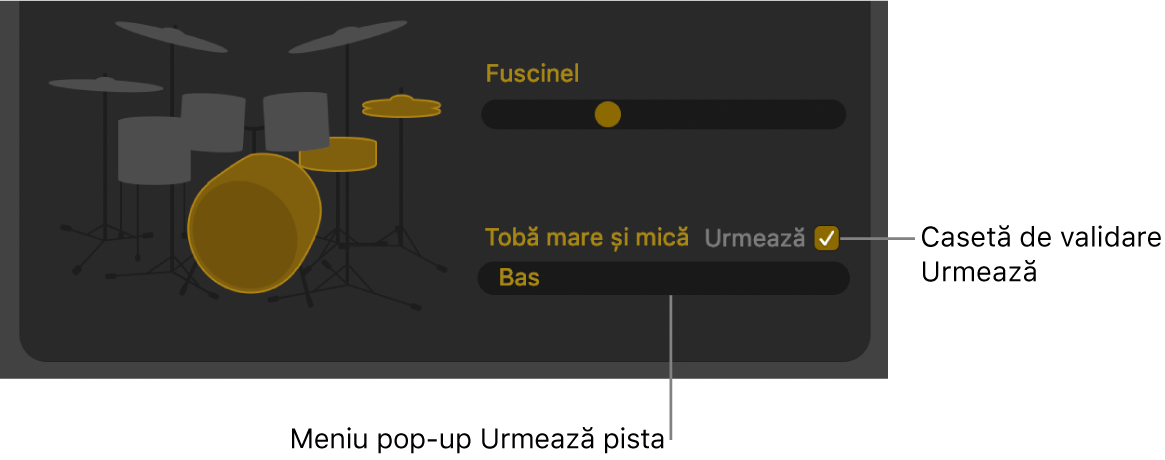 Editorul Drummer afișând caseta de validare Urmărește și meniul pop-up Urmărește pista.