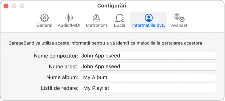 Panoul Configurări Informațiile dvs.