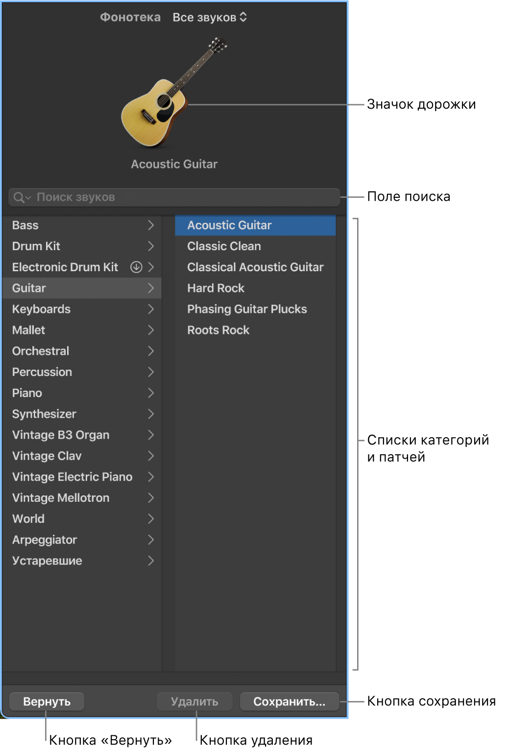 Медиатека с выбранным патчем.