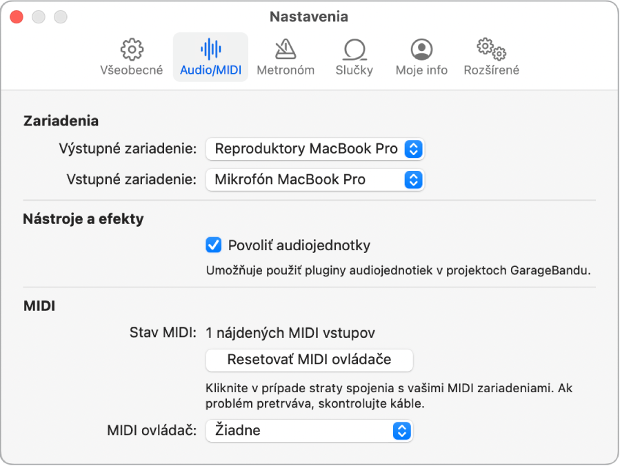 Panel s nastaveniami Audio/MIDI.