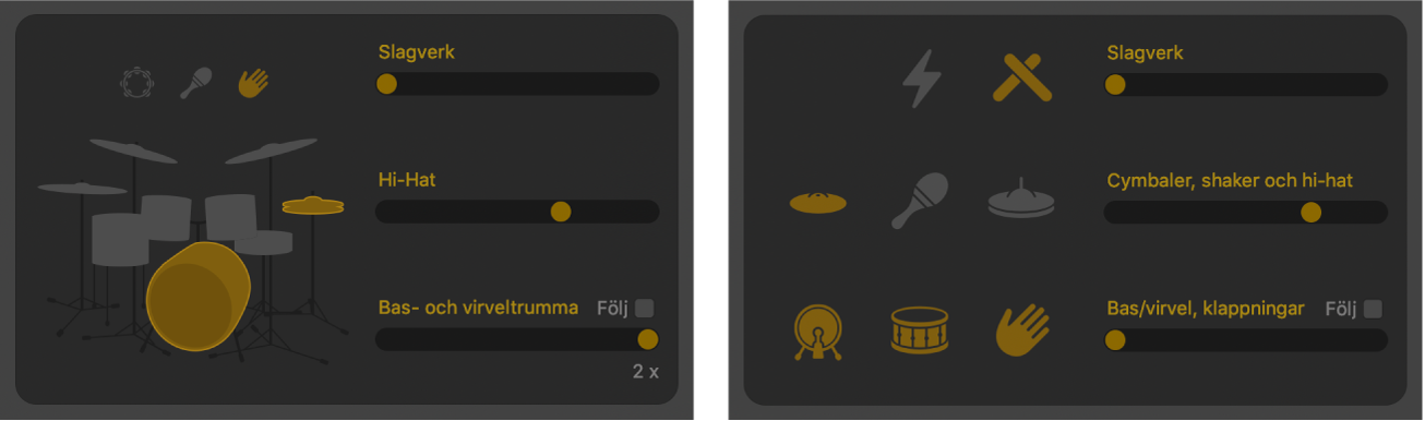 Drummer-redigerare som visar reglage för mönstervariation.