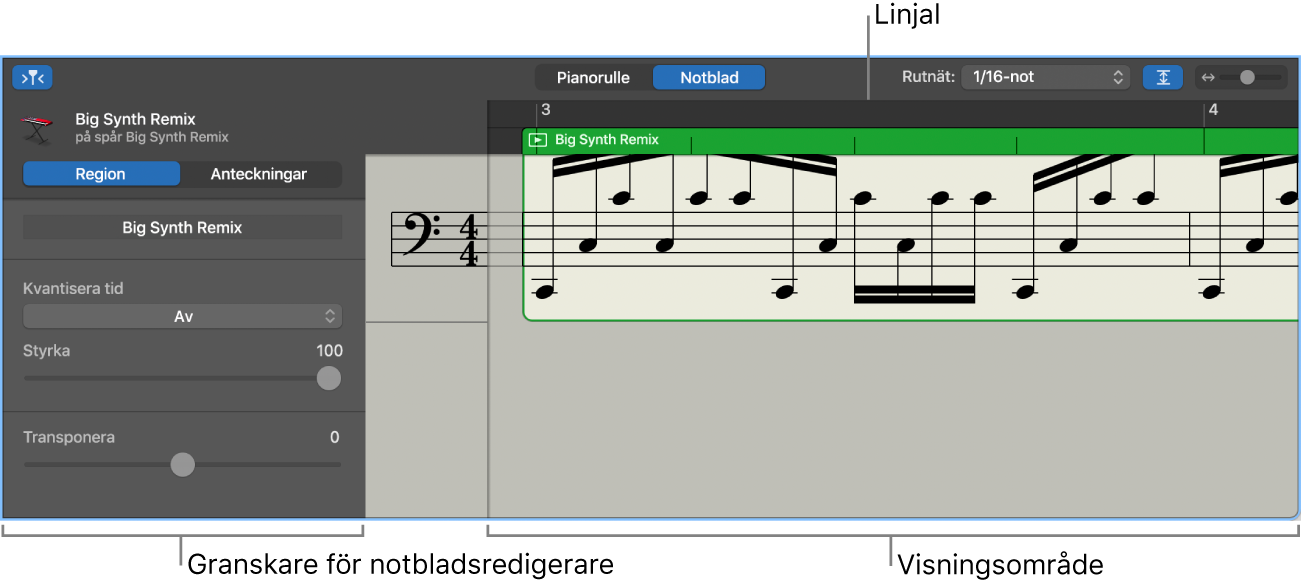 Notbladsredigeraren med granskaren och visningsområdet.