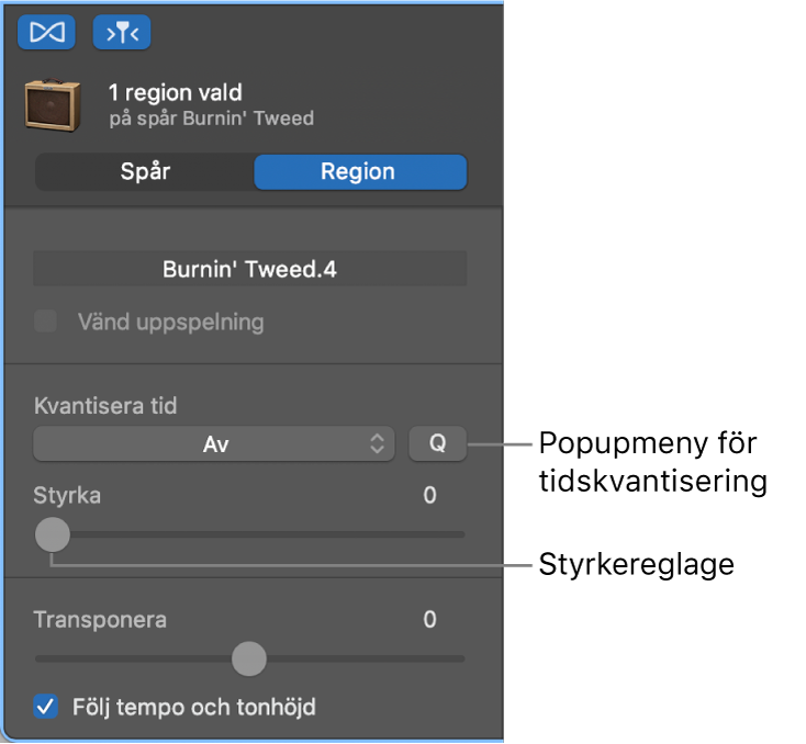 Ljudredigerarens granskare med popupmenyn Tidskvantisering och reglaget Styrka.