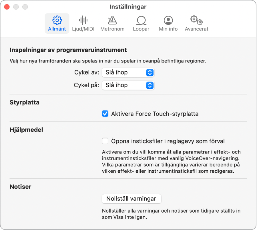 Inställningspanelen Allmänt.