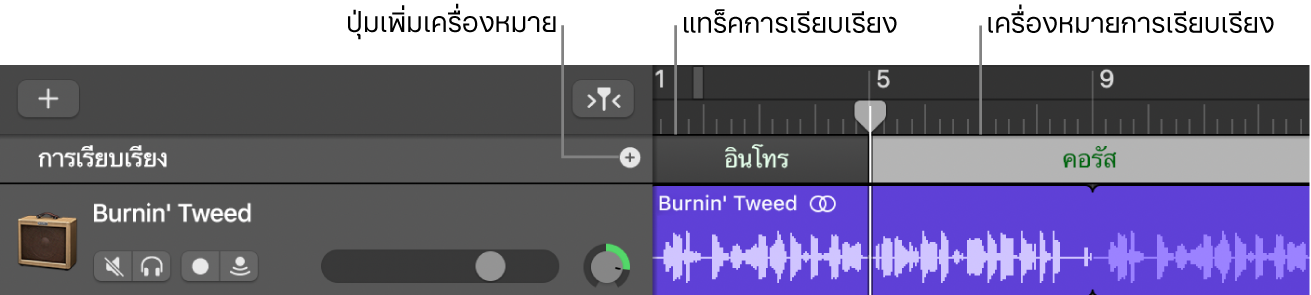 แทร็คการเรียบเรียงที่แสดงปุ่มเพิ่มเครื่องหมายและแถบการเรียบเรียง