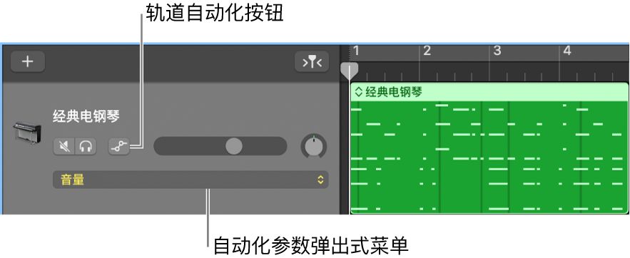 在轨道头中显示“轨道自动化”按钮和“自动化参数”弹出式菜单。