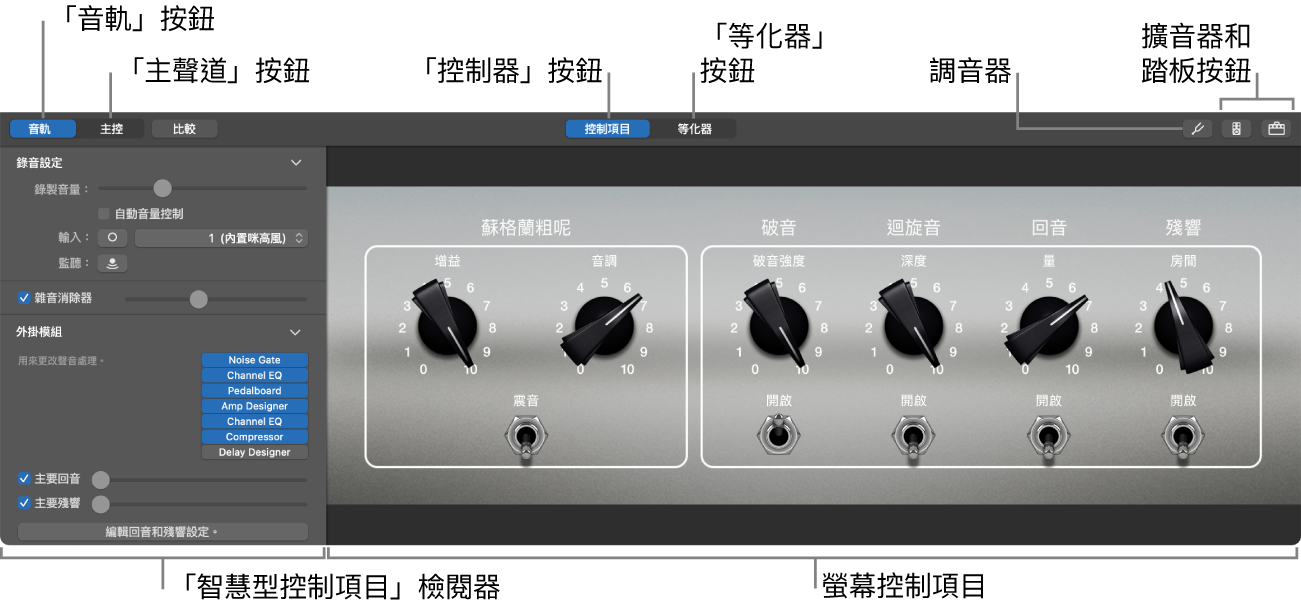 「智慧型控制項目」面板會顯示螢幕控制項目和檢閲器。