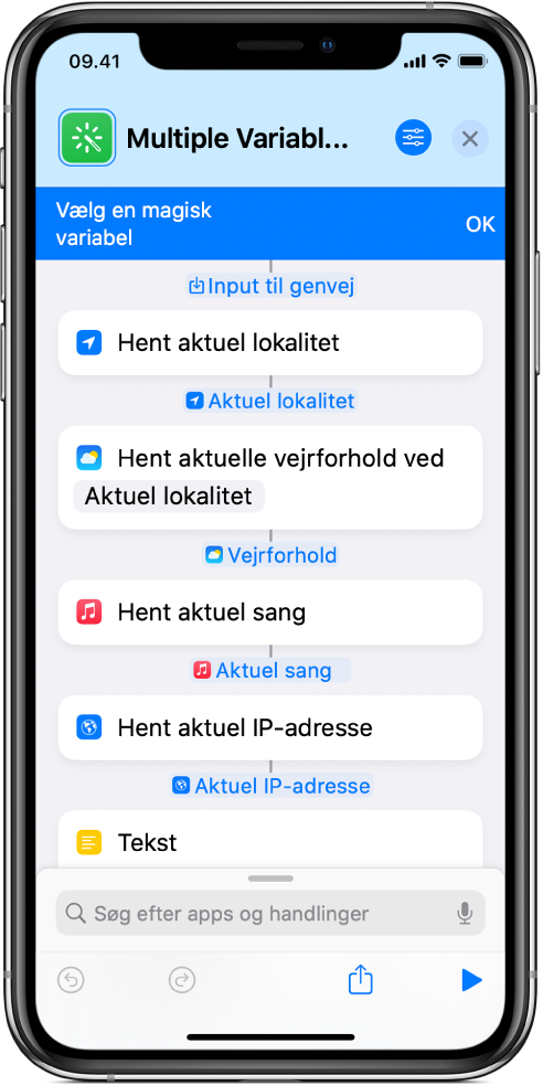 Redigeringsværktøjet til genveje med variabler, der kan vælges.