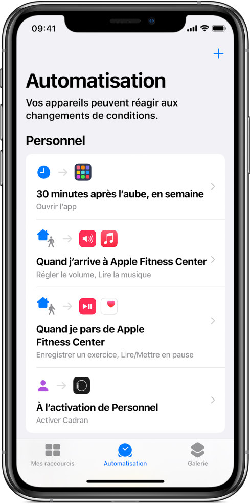 Liste des automatisations personnelles dans Raccourcis.