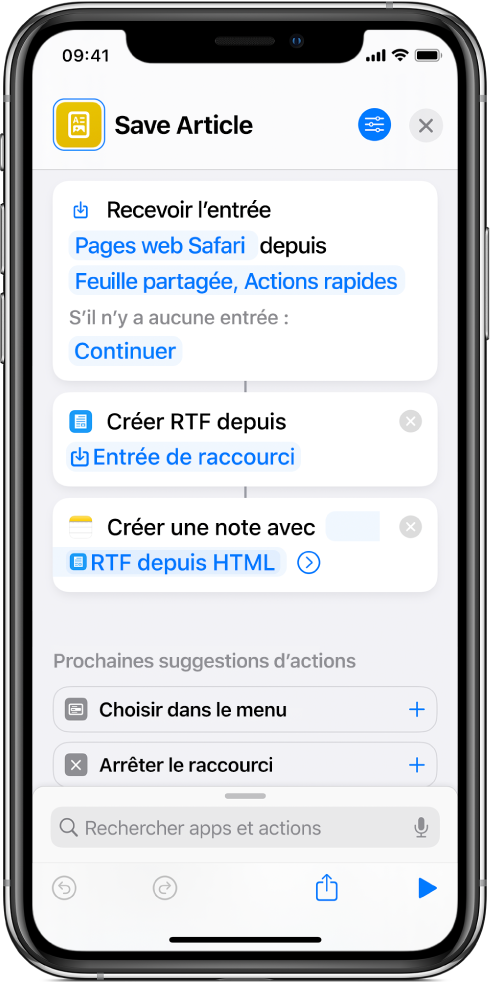 Actions affichées dans l’éditeur de raccourci.