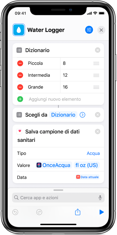 Azione “Scegli dall'elenco” dopo un elemento di un dizionario.