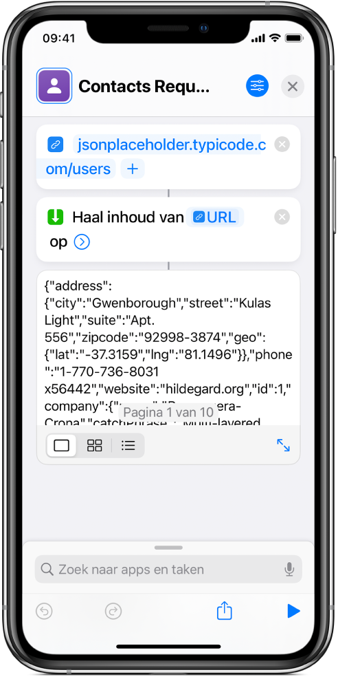 Het resultaat van de Typicode-API-verzoekopdracht toont een lijst van gebruikers.