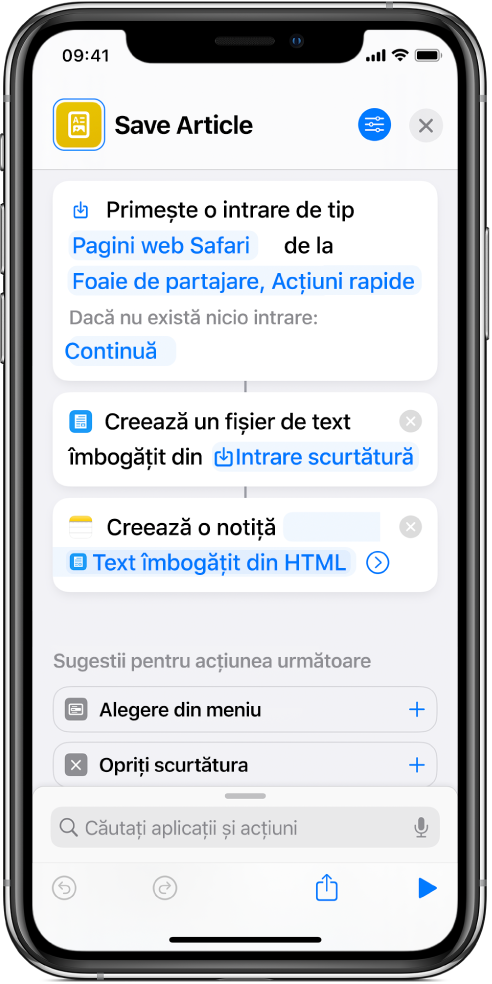 Acțiuni afișate în editorul de acțiuni.