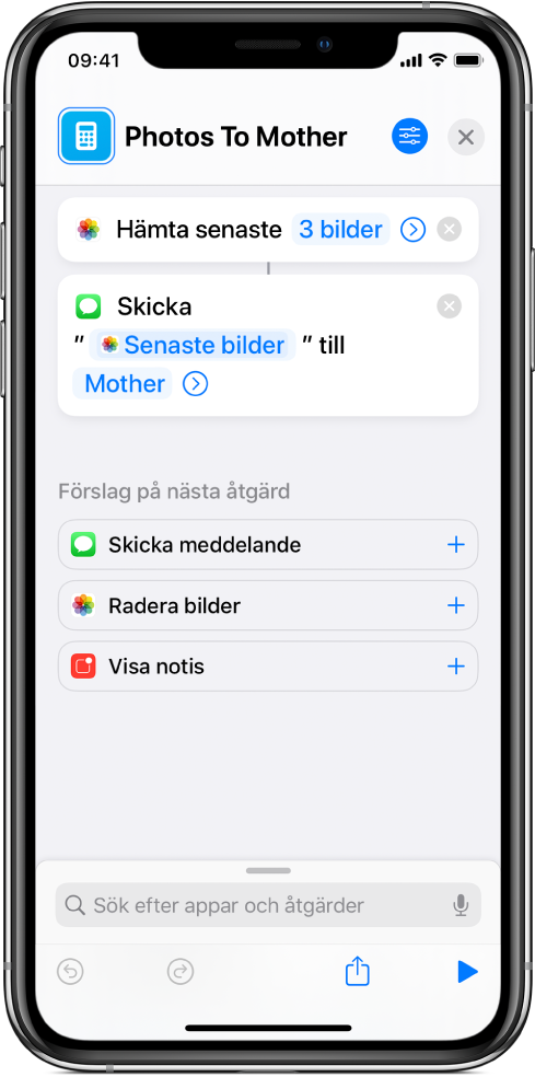 Genväg som innehåller åtgärderna Hämta senaste bilder och Skicka meddelande.