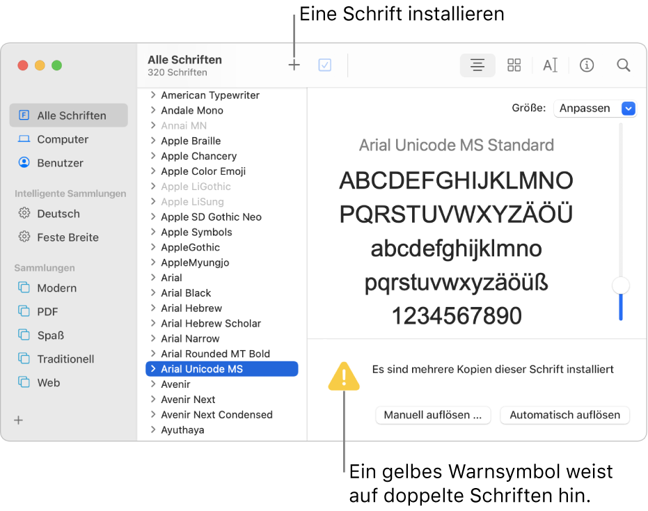 Das Fenster der Schriftsammlung mit der Taste „Hinzufügen“ in der Symbolleiste zum Hinzufügen einer Schrift, unten rechts ist ein gelbes Warnsymbol zu sehen, dass auf doppelte Schriftversionen hinweist