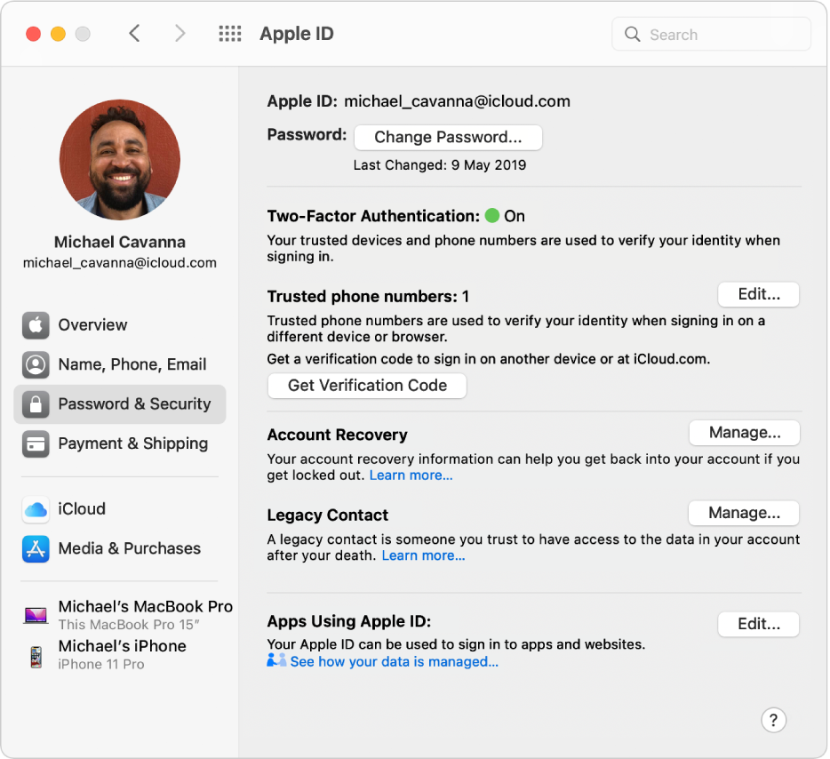 Apple ID preferences showing a sidebar of different types of account options you can use and the Password & Security preferences for an existing account.