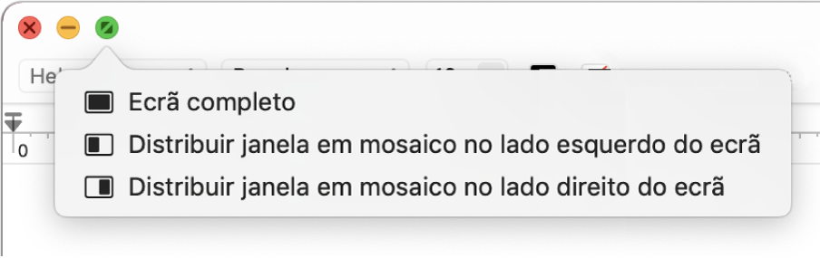 O menu que aparece quando move o cursor sobre o botão verde no canto superior esquerdo de uma janela. Os comandos de menu de cima para baixo incluem: Ecrã completo, Distribuir janela em mosaico no lado esquerdo do ecrã, Distribuir janela em mosaico no lado direito do ecrã.