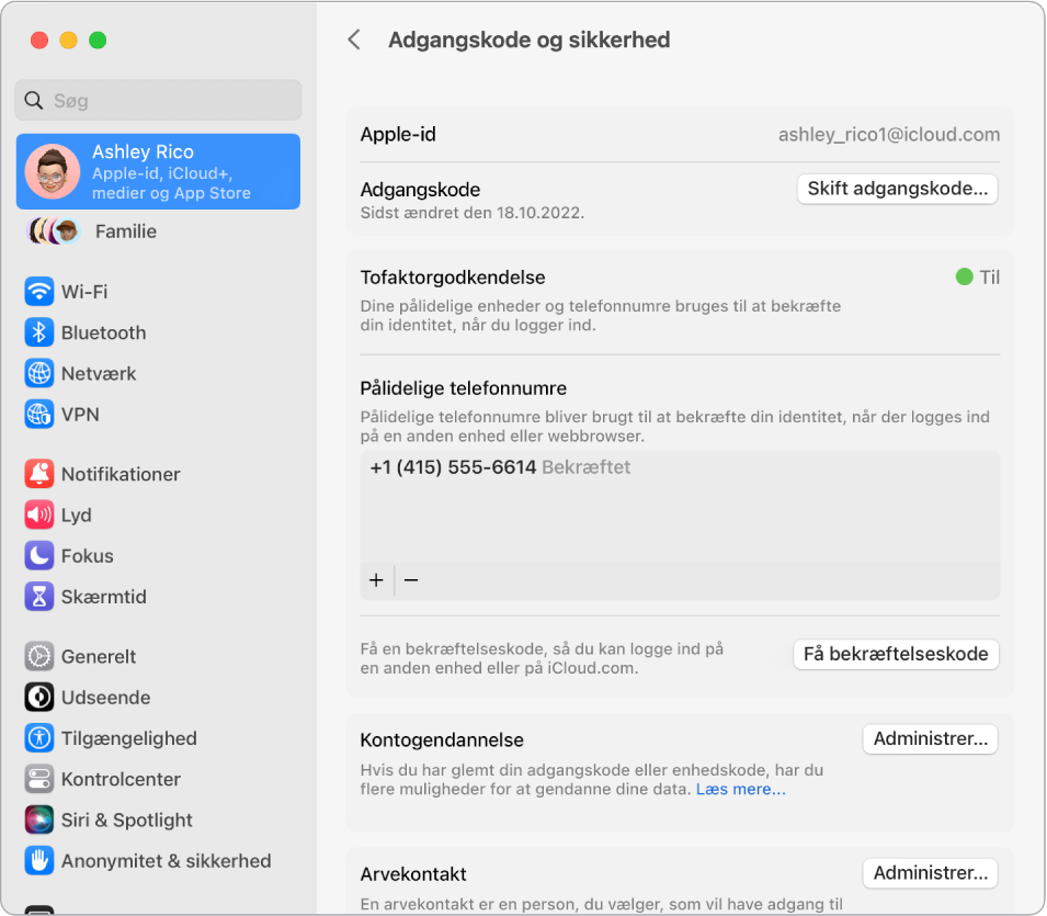 Afsnittet Adgangskode og sikkerhed i Apple-id i Systemindstillinger. Herfra kan du indstille Kontogendannelse eller Arvekontakt.