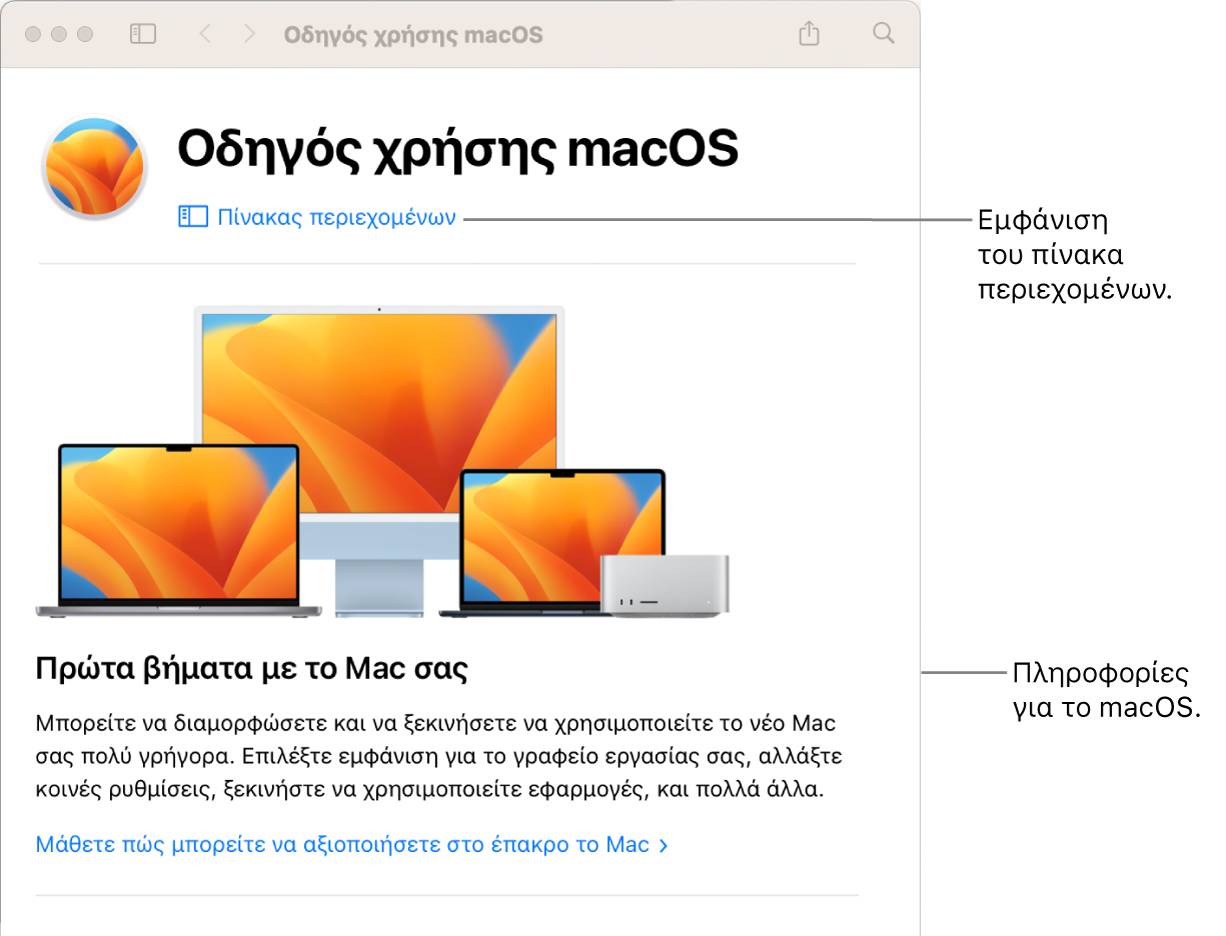 Η σελίδα καλωσορίσματος του Οδηγού χρήσης του macOS όπου φαίνεται ο σύνδεσμος «Πίνακας περιεχομένων».