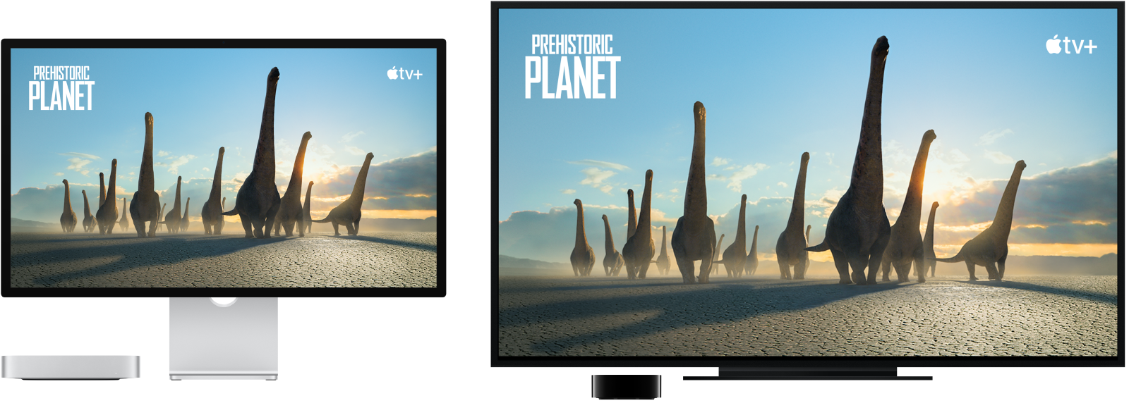 Una Mac mini con el contenido duplicado en una televisión de alta definición a través de un Apple TV.