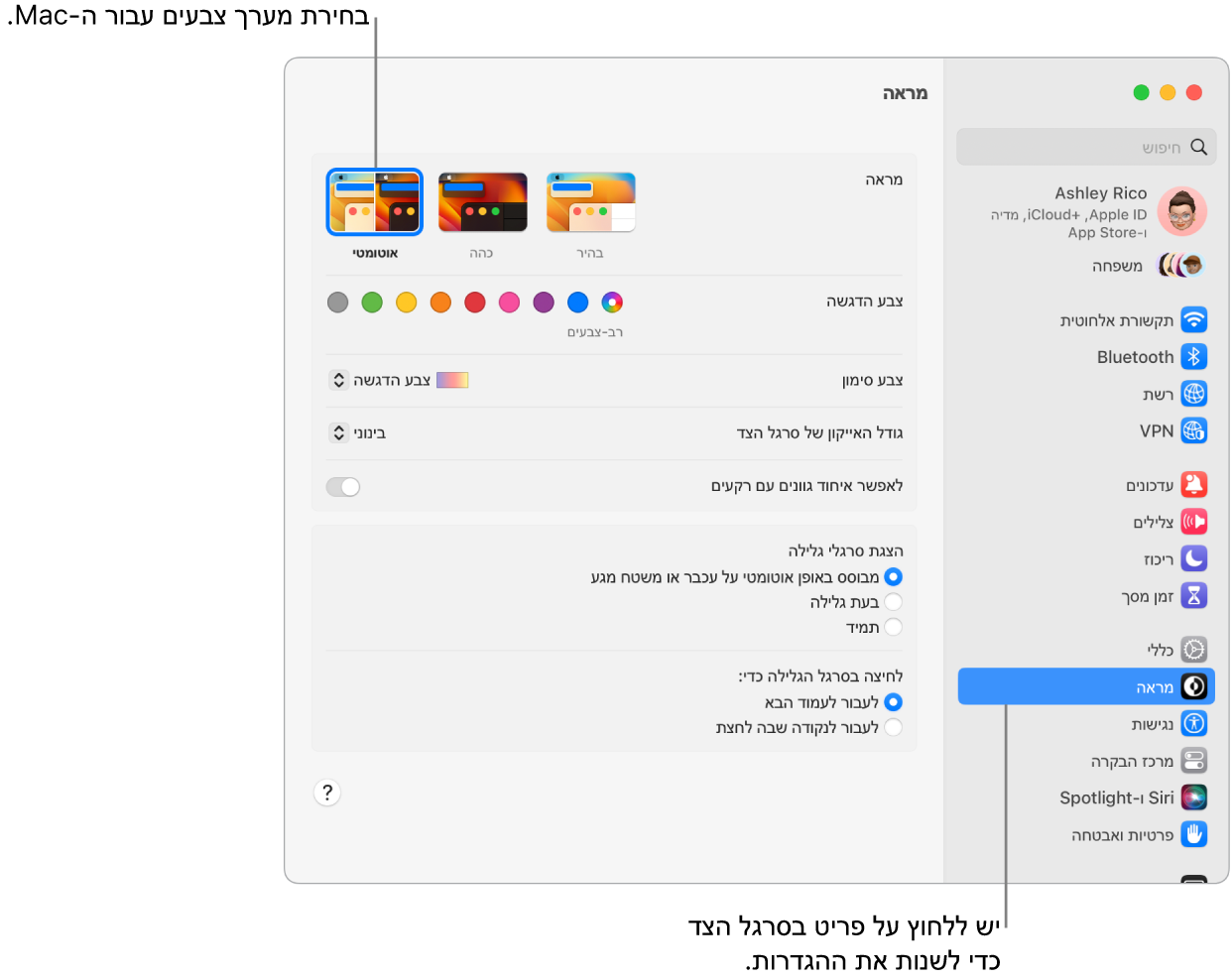 הגדרות ״מראה״ ב״הגדרות המערכת״.