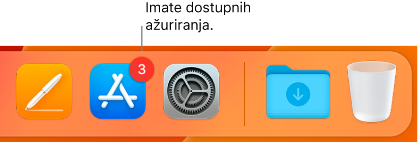 Odjeljak Docka prikazuje App Store ikonu s oznakom koja ukazuje na dostupna ažuriranja.