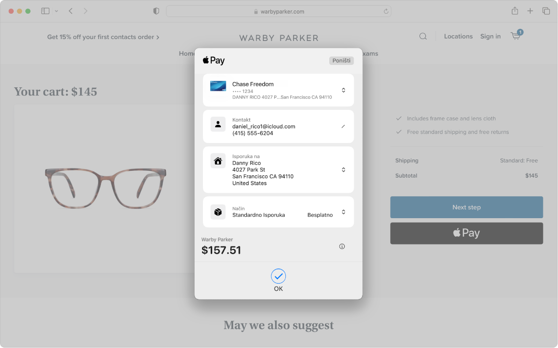 Zaslon Mac računala koji pokazuje online kupnju u tijeku uporabom opcije Apple Pay u Safariju.