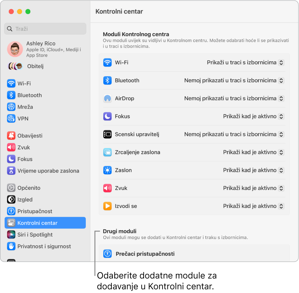 Prozor postavki Kontrolnog centra.