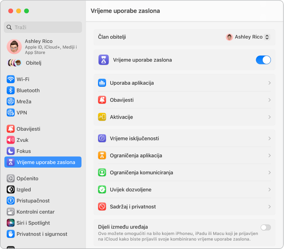 Prozor s postavkama Vremena uporabe zaslona prikazuje opcije za prikaz Uporabe aplikacija, Obavijesti i Aktivacija, kao i opcije za upravljanje Vremenom uporabe zaslona, kao što su zakazivanje Vremena isključenosti, podešavanje Ograničenja aplikacija i komuniciranja, te ostalog