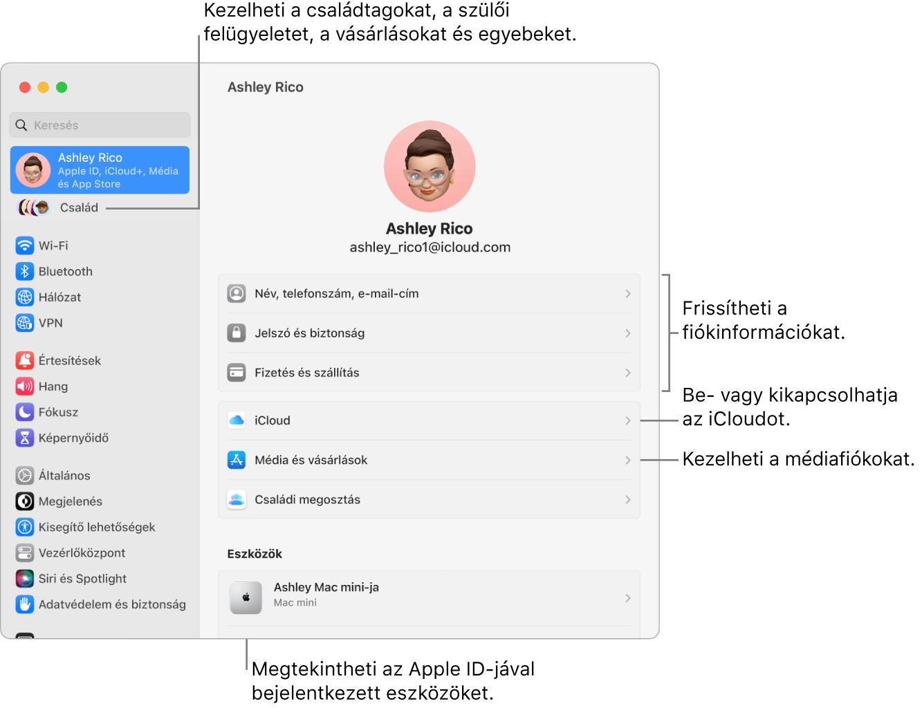 A Rendszerbeállítások Apple ID beállításai a fiókadatok frissítésére, az iCloud-funkciók be- vagy kikapcsolására, a médiafiókok kezelésére és a Családra (itt kezelheti a családtagokat, a szülői felügyeletet, a vásárlásokat stb.) mutató képfeliratokkal.