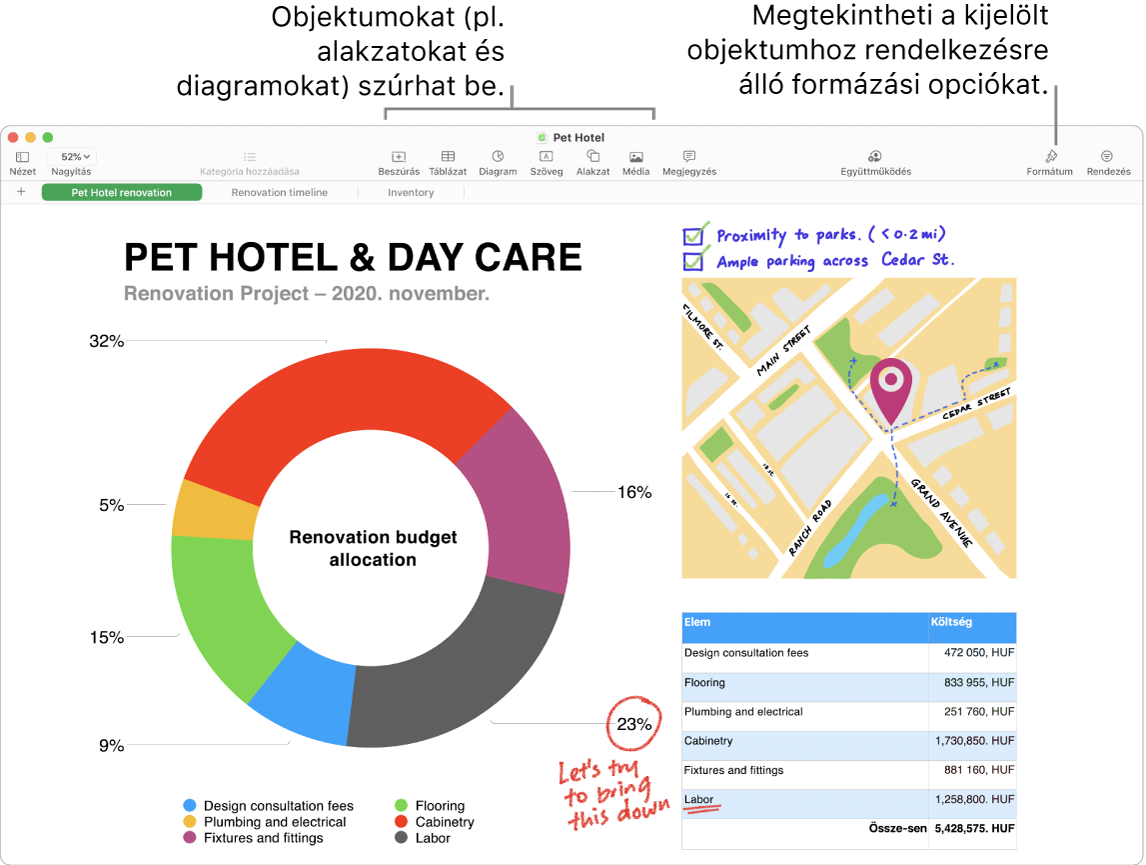 Egy Numbers-ablak, felül a szerkesztőeszközöket tartalmazó eszközsorral, a jobb felső sarok közelében az Együttműködés gombbal, a jobb oldalon pedig a Formátum és Rendezés gombokkal.