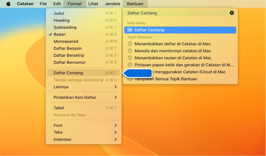 Menu Bantuan menampilkan pencarian untuk "daftar centang" dengan Daftar Centang disorot di menu Format.