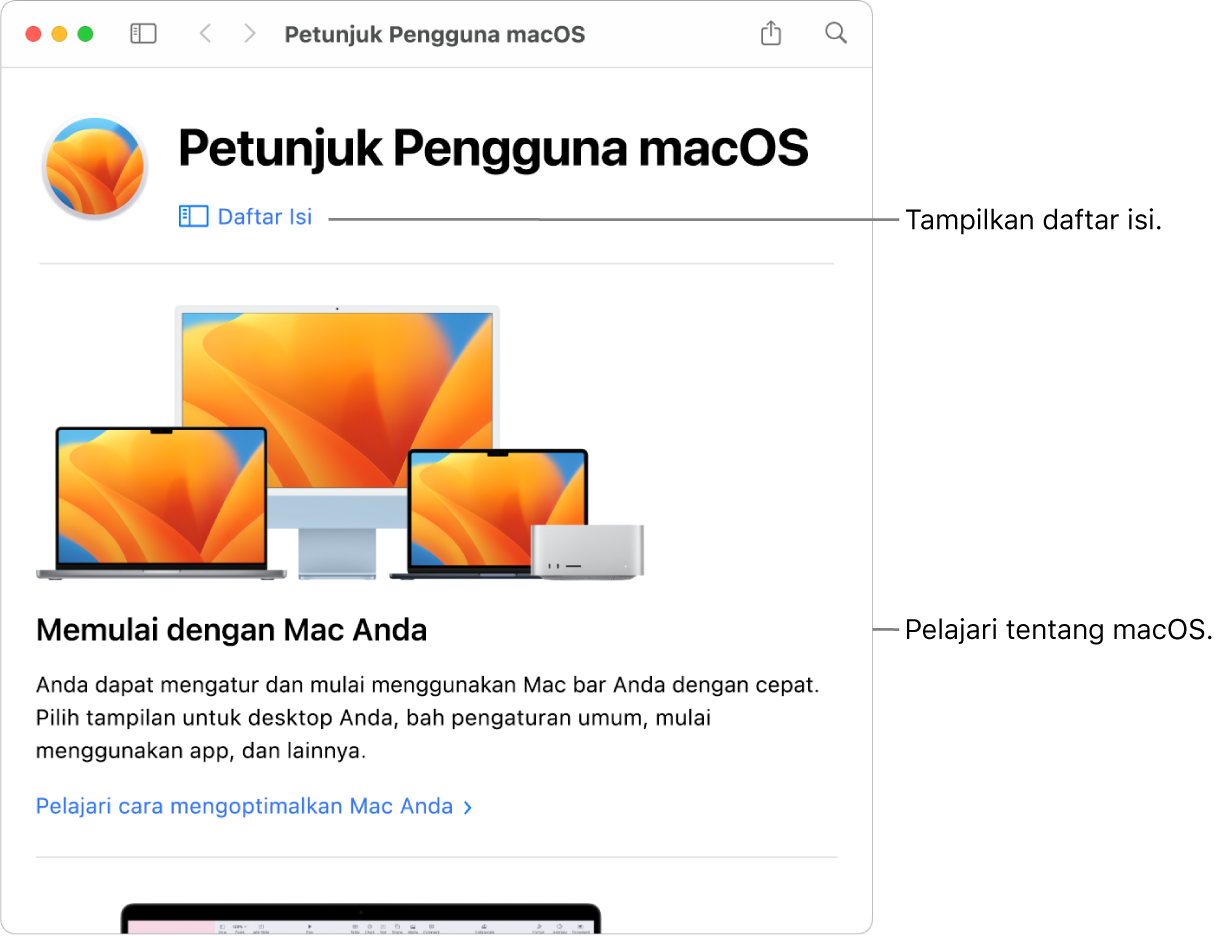 Untuk menemukan topik di Petunjuk Pengguna macOS, Anda dapat menelusuri atau mencari.